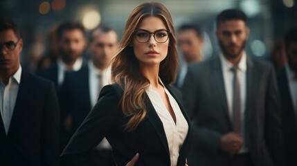 A woman in a business suit and glasses posing for a photo Generative AI