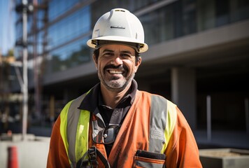 A smiling construction worker wearing a hard hat and safety vest Generative AI