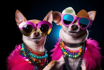 Two Chihuahua Dogs Wearing Sunglasses and Necklaces Generative AI