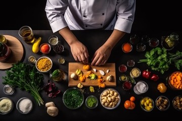  a person in a chef's uniform chopping vegetables on a cutting board next to bowls of vegetables and condiments on a black table with a black background.