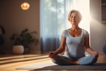 A woman in a blue shirt sitting on a yoga mat, smiling and looking upward Generative AI