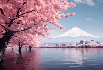 Pink Flowers and Mt. Fuji Generative AI