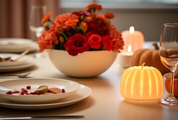 A table with a vase of flowers, a plate of food, and a lit candle. Generative AI