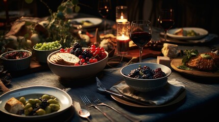 A Dinner Table Set with Fruit, Wine, and Candlelight Generative AI