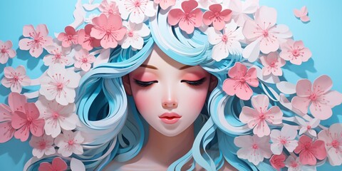 A beautiful blue haired woman with pink lips and a flower crown on her head Generative AI