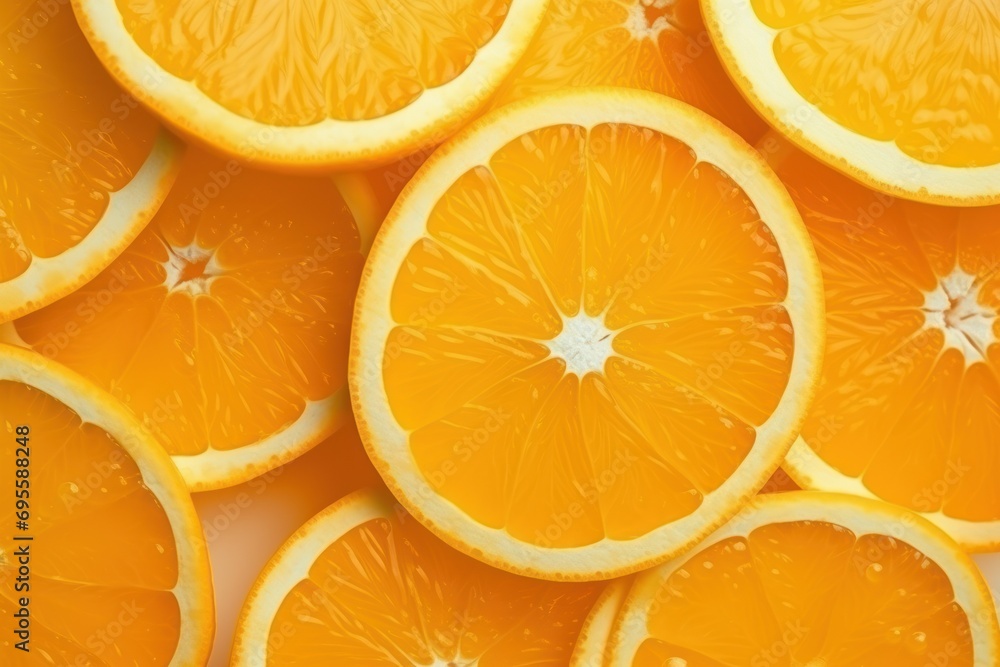 Poster a pile of sliced oranges sitting on top of a white counter top next to a pile of sliced oranges on t