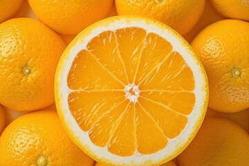  a group of oranges with one cut in half and the other half in the middle of the photo with the whole orange in the middle of the photo and the top half.