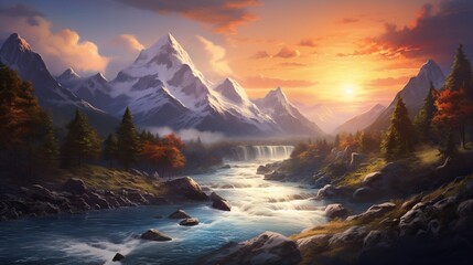 A serene mountain lake at sunset Generative AI