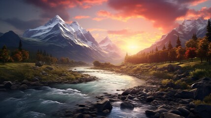 A serene mountain river at sunset Generative AI