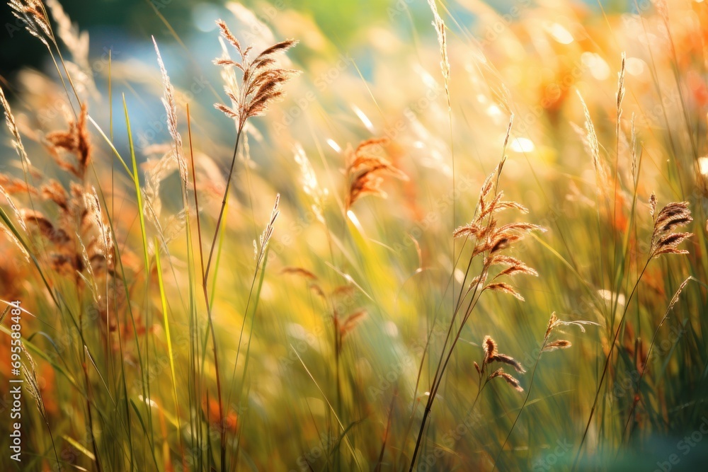 Poster a close up of a field of tall grass with the sun shining on the grass and the grass in the foregroun