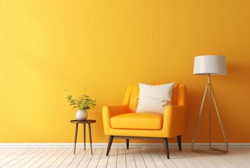 A brightly colored orange chair in a room with a yellow wall. Generative AI