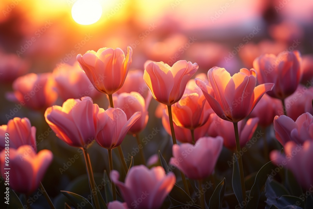 Poster a field full of pink tulips with the sun setting in the backgrouund of the picture in the backgrouun
