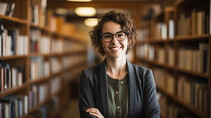 Portrait of a librarian in a library smiling with bookshelves in the background - obrazy, fototapety, plakaty