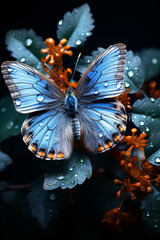 a blue butterfly standing on a leaf in a dark background created with Generative Ai