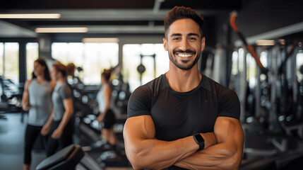 Fototapeta na wymiar Portrait of a personal trainer in a gym smiling with blurred fitness equipment in the background