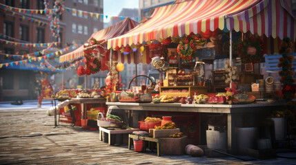 Street vendors selling festive decorations and snacks.