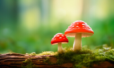 Two fly agarics close up on moss stump on blurred forest background with copy space