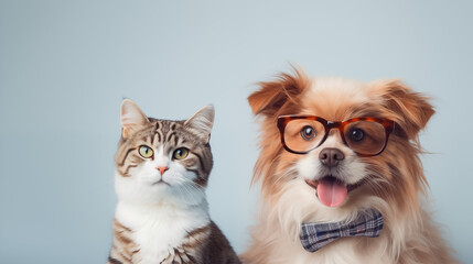 Veterinary clinic banner - cat and dog together, dog with glasses, ophthalmologist for animals, vision in animals