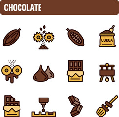 Chocolate icons. Chocolate manufacturing vector set. Color icon design. Cocoa