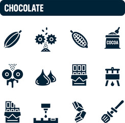 Chocolate icons. Chocolate manufacturing vector set. Filled icon design. Cocoa