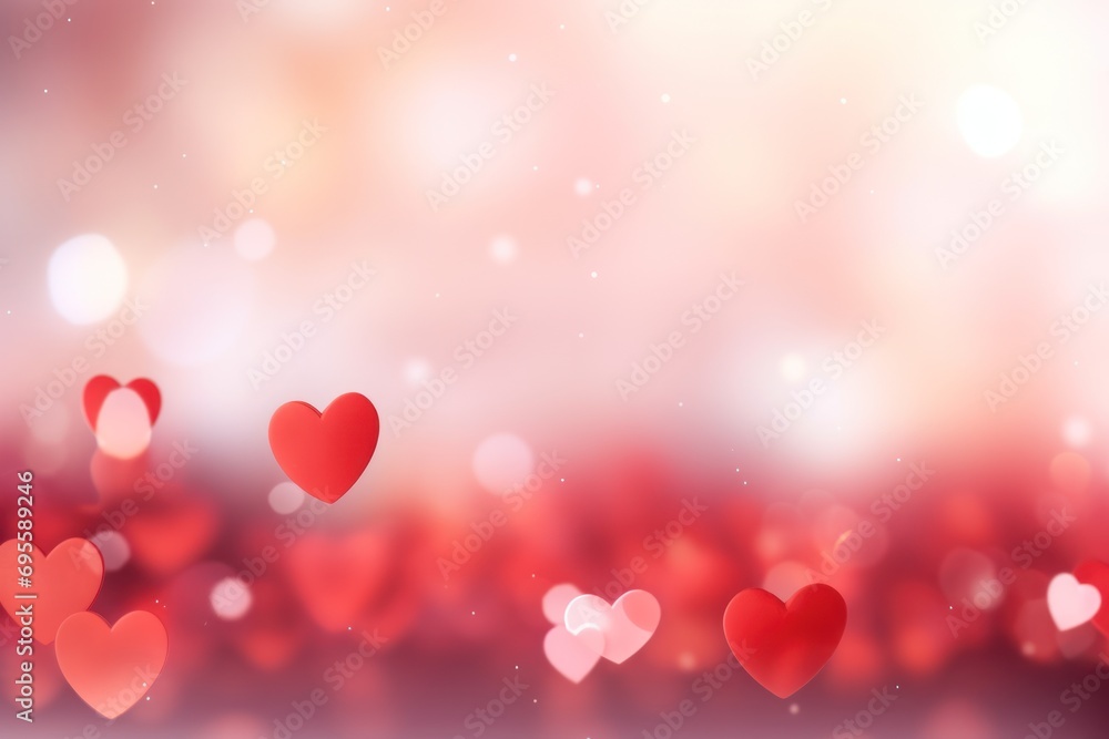 Poster a group of red hearts floating in the air on a blurry red and white background with a boke of light 