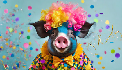 fasching, schwein, clown, konfetti, karneval, concept, closeup, hintergrund, bunt, witzig - obrazy, fototapety, plakaty