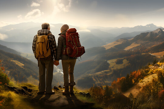 Back, Rear View Of Mature Mature Couple. Backpacker Man, Woman Hikers On Top Of  Mountain, Enjoying Climbing. Seniors, Older People, Friends With Large Rucksacks Warm Clothes. Generative AI