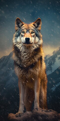 a wolf stands on a snowy mountain top, in the style of fanciful created with Generative Ai
