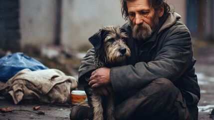 A homeless man with a dog sits on the street - obrazy, fototapety, plakaty