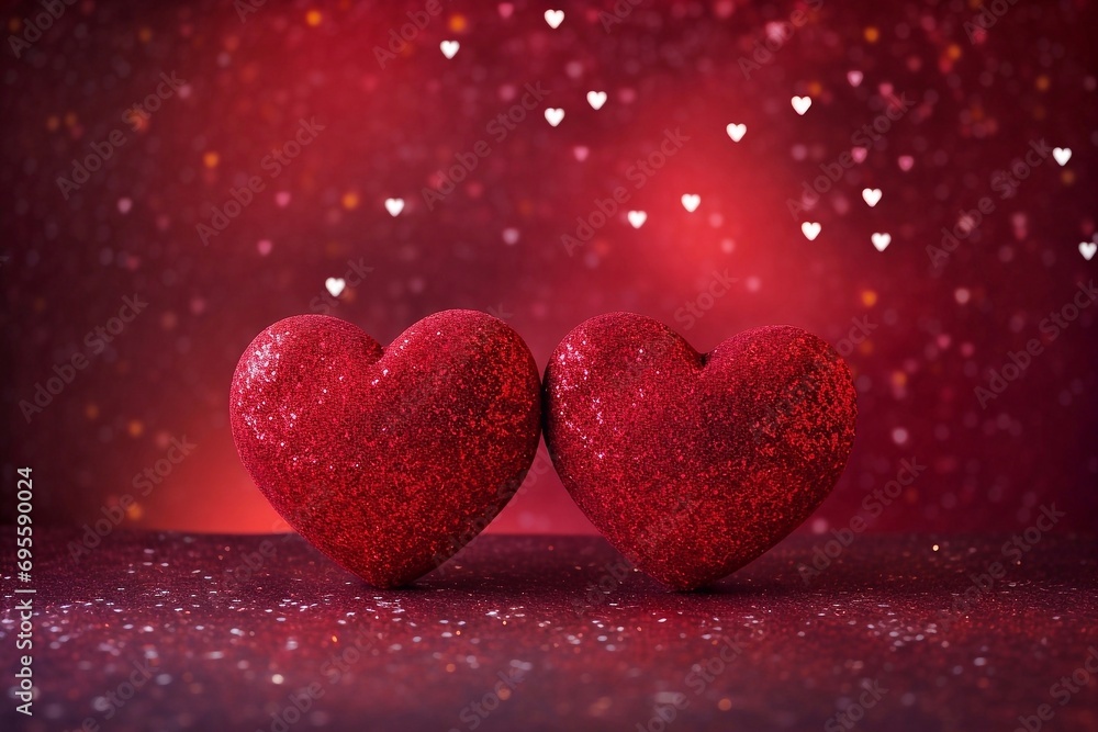 Poster valentines day background with two red hearts on red bokeh background