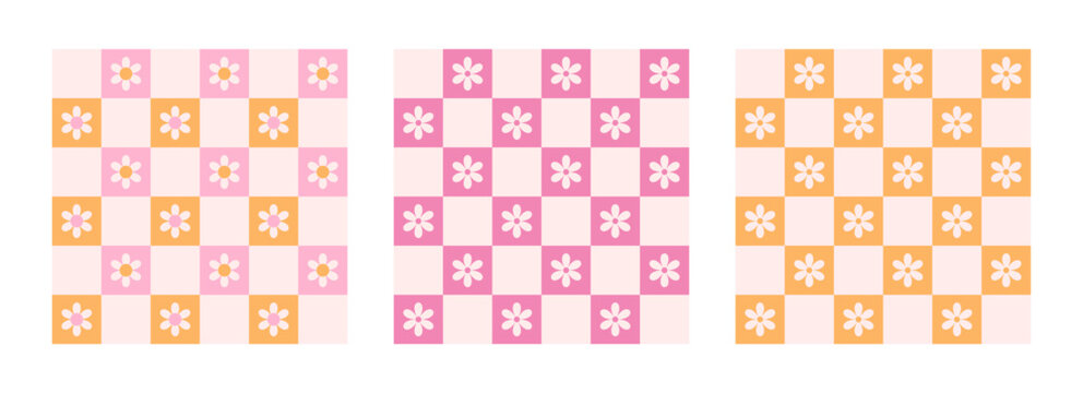 Trendy set seamless patterns with daisy flowers and checkerboard. Colorful pink and orange vector background in retro groovy style 60s, 70s.
