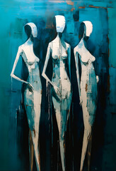 Silhouettes de femmes nues, peinture dans les tons bleu
