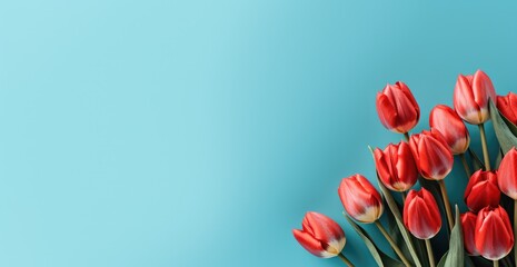 red tulips on a blue background with copy space - obrazy, fototapety, plakaty