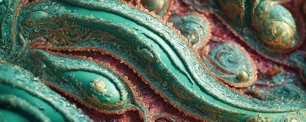 close up of green and gold venetian mask