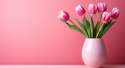 pink tulips in a vase against a pink background