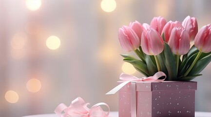 pink tulips with a gift box on a tabletop
