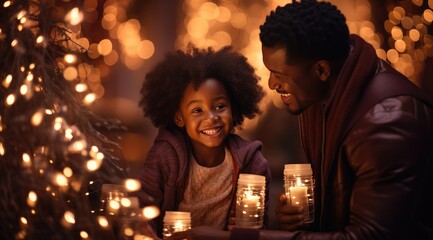 Obraz na płótnie Canvas two children and an african american man near christmas lights
