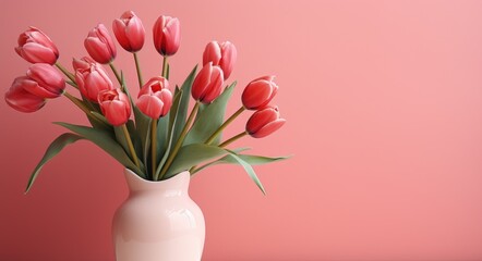 tulips in a vase against a pink wall, background