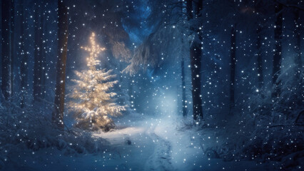Obraz premium Panorama of snow covered forest at night, with a decorated Christmas tree by a path and gently falling snowflakes