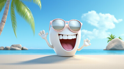 Cartoon tooth on holiday tooth care concept with white sunglasses 3d render illustration