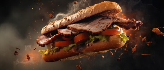the meat in the sandwich is flying into the air - obrazy, fototapety, plakaty