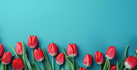 red tulips on a blue background with copy space - obrazy, fototapety, plakaty