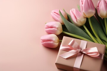 Obraz na płótnie Canvas pink tulips, ribbon and gift box on pink background