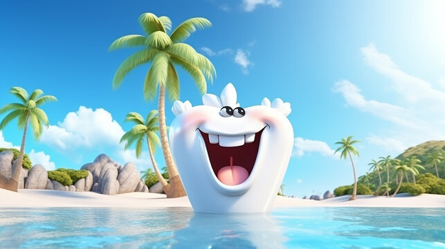 Cartoon tooth on holiday tooth care concept in the beach 3d render illustration
