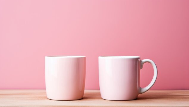 two pink coffee mugs and a pink surface