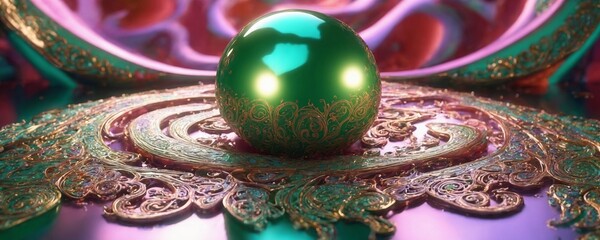 a green egg sitting on top of a gold plate