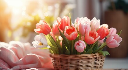 tulips in a wicker basket on a shelf