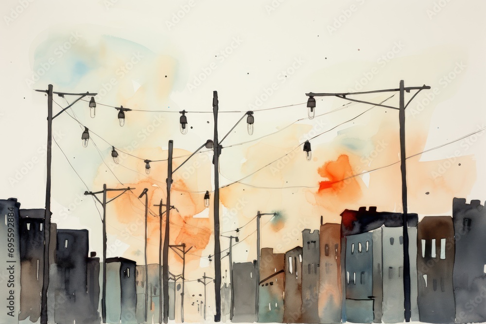 Poster a painting of a cityscape with power lines in the foreground and buildings on the far side of the pi