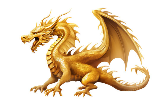 Golden dragon with Wing and opens mouth isolated on transparent background.