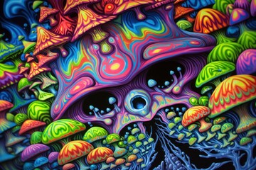 Fototapeta na wymiar Psychedelic painting. Trippy background in acid colors. Psilocybin background. Magic mushrooms.